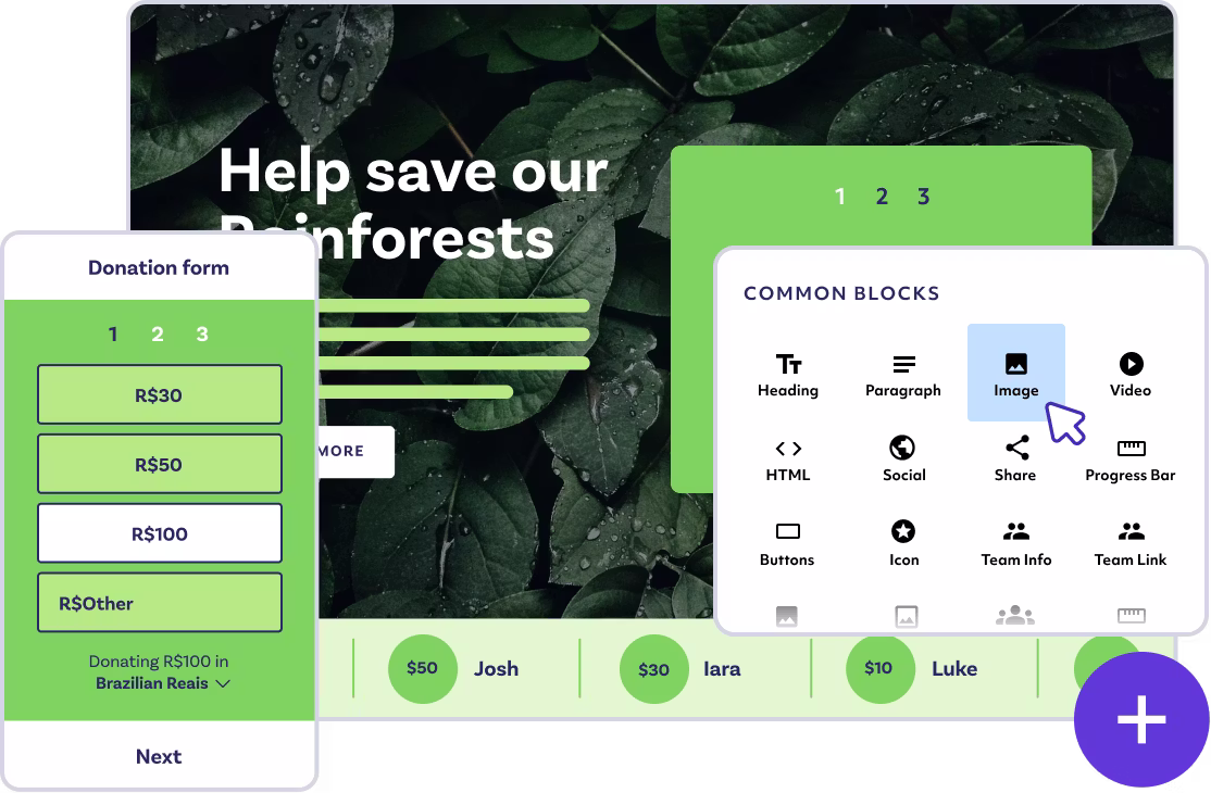 An illustration of a Raisely fundraising page showing their block builder and a sample donation form.