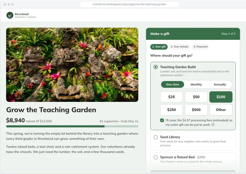 A giving page in the Maui design: the campaign story and progress bar beside a three-step gift form with fund, frequency, and amount choices