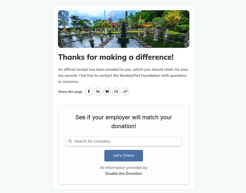 An example of a Double the Donation form embedded in a MonkeyPod fundraising page.