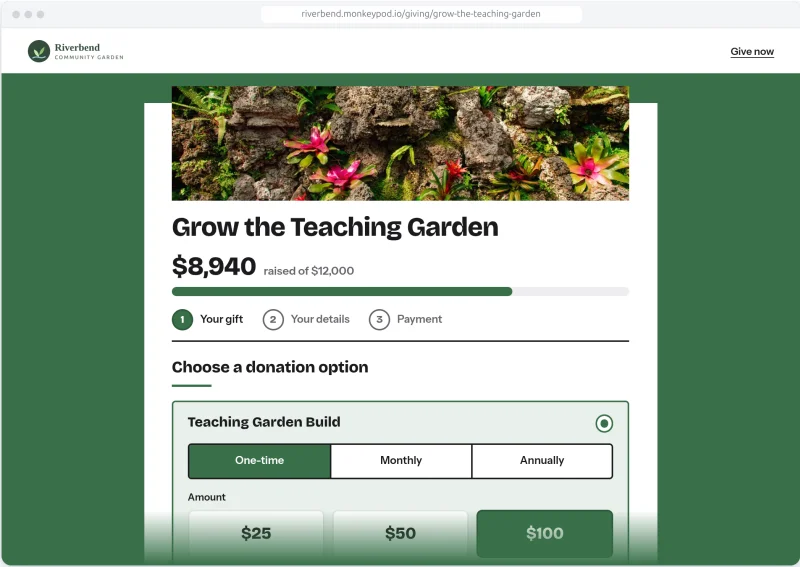 MonkeyPod fundraising page in the Hawaiʻi design for Riverbend Community Garden, showing a goal progress bar, a three-step gift flow, and one-time, monthly, and annual giving options