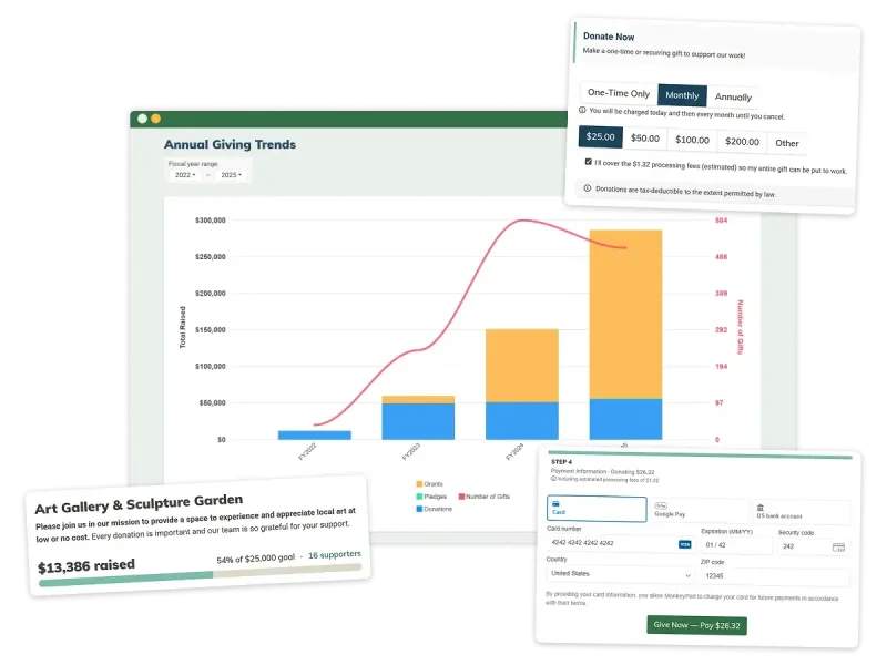 An illustration showing MonkeyPod's fundraising capabilities, integrated with the accounting and CRM.