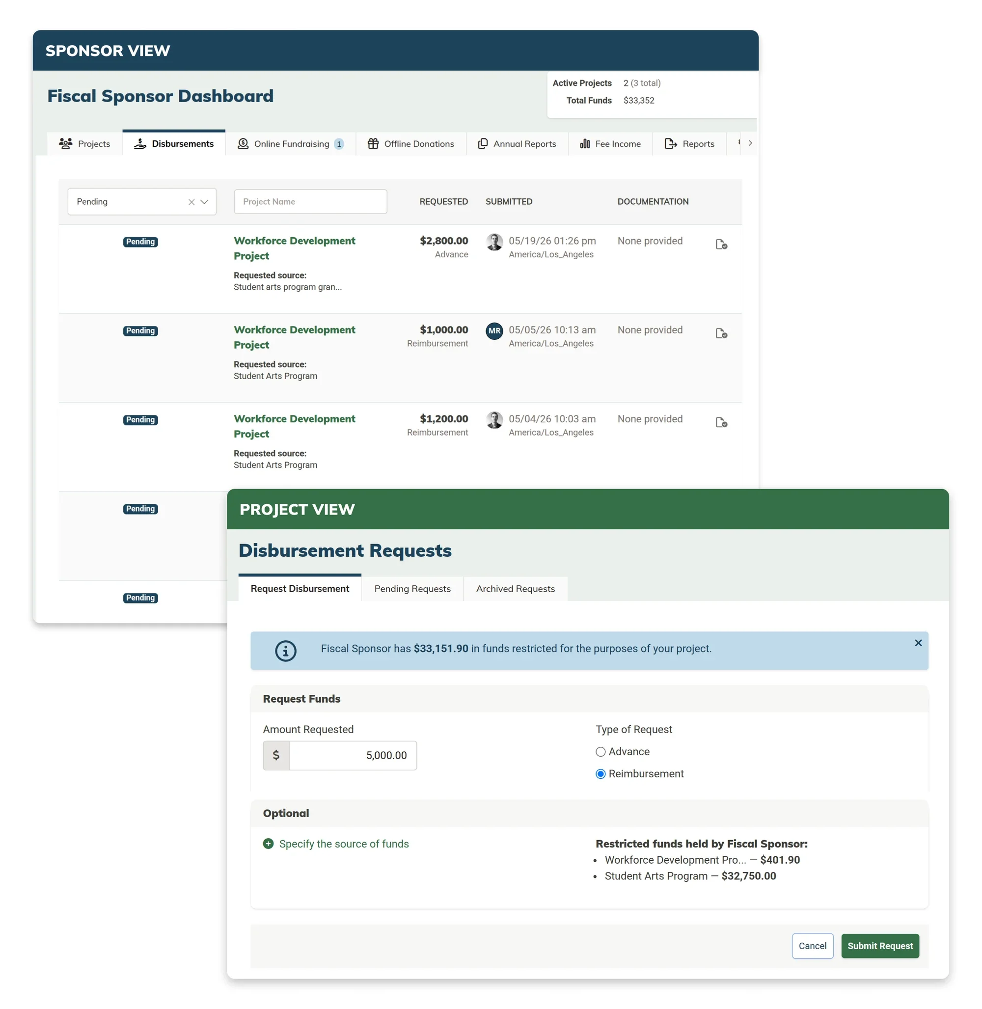 MonkeyPod screenshots: the sponsor view lists pending disbursement requests from a project, above the project view's form for requesting a disbursement from its restricted funds.